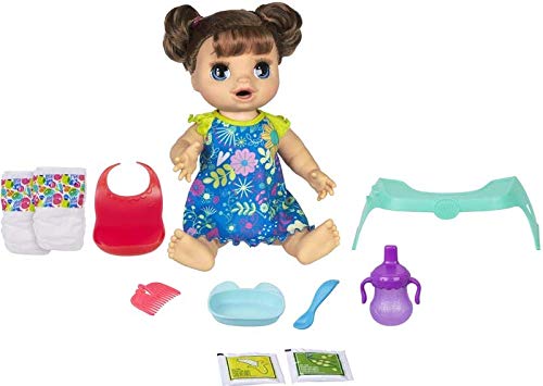 BABY ALIVE Happy Hungry Baby Doll (Pelo lacio marrón), Hace más de 50 Sonidos y Frases, Come y Bebe y Llena su pañal, para niños de 3 años en adelante