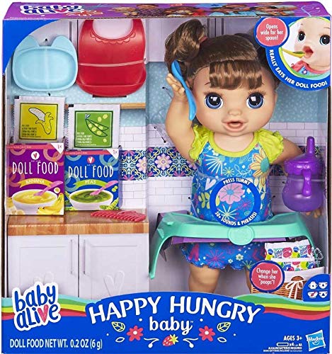 BABY ALIVE Happy Hungry Baby Doll (Pelo lacio marrón), Hace más de 50 Sonidos y Frases, Come y Bebe y Llena su pañal, para niños de 3 años en adelante