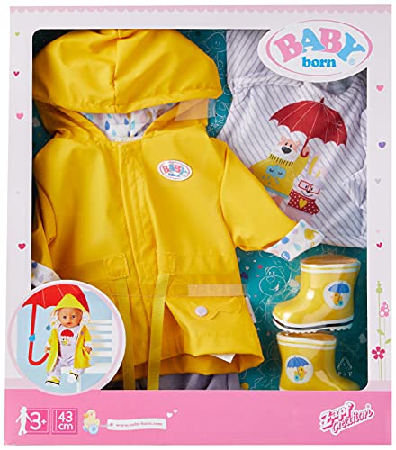 BABY born Deluxe Conjunto para Lluvia para Muñecas de 43 cm, Para Manos Pequeñas, Promueve la Empatía y Las Habilidades Sociales, más de 3 años, Con Botas de Agua, Chubasquero y Más