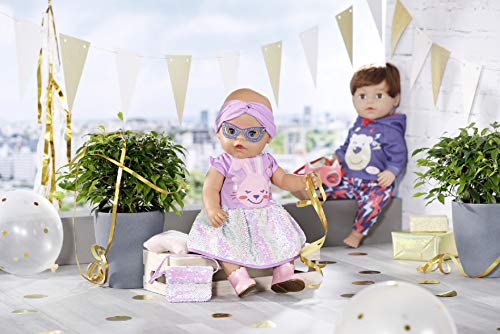 BABY born Deluxe Happy Birthday - Vestido 43 cm, Para Niños Mayores de 3 años, Fácil de Usar para Manos Pequeñas, Incluye un Vestido, Diadema, Zapatos, Máscara y Bolso