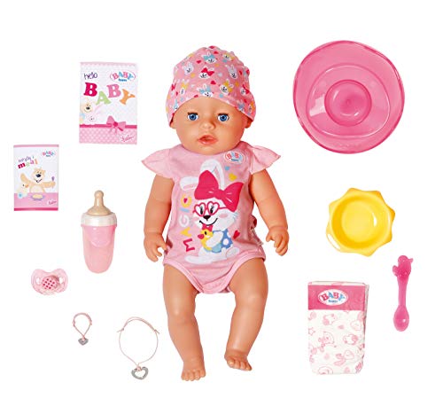 BABY born Soft Touch Niña 43 cm con Chupete Mágico - Muñeca Realista con Funciones Realistas, Suave al Tacto, Articulaciones Móviles, Come, Duerme, Llora y Usa la Bacinica, 11 Accesorios, Rosa