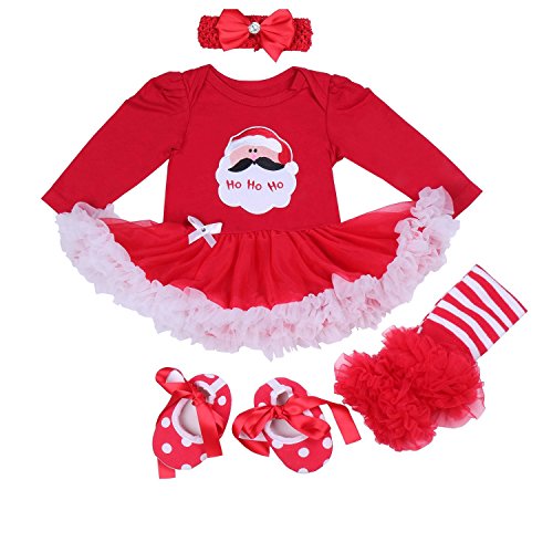 BabyPreg Bebe niña Mi Primera Navidad Vestido de Fiesta de Disfraces de Santa 4PCS (12-18 Monate, Papá Noel Largo)