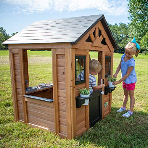 Backyard Discovery Sweetwater Casa Infantil de Madera en marrón y Negro | Casita de Juegos para ninos de Jardin / Exterior | Incluidos los Accesorios y Ventanas