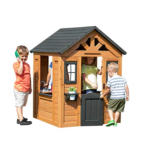 Backyard Discovery Sweetwater Casa Infantil de Madera en marrón y Negro | Casita de Juegos para ninos de Jardin / Exterior | Incluidos los Accesorios y Ventanas