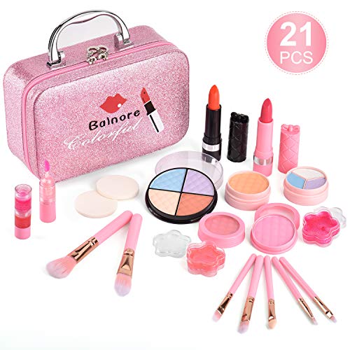 balnore 21 Piezas Set de Maquillaje Niñas, Maquillaje Niñas Set Maletin, Juguetes para Chicas, Cosméticos Lavables, Regalo de Princesa para Niñas en Fiesta,Cumpleaños,Navidad