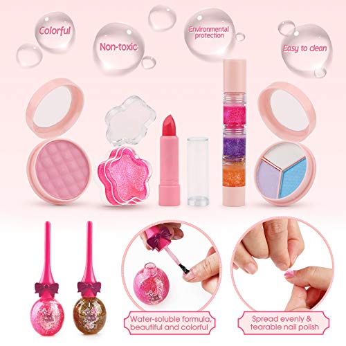 balnore Maquillaje para Niños, 34 Piezas Lavables Set de Maquillaje para Niñas con Caja de Maquillaje, Niños Fiesta, Cumpleaños