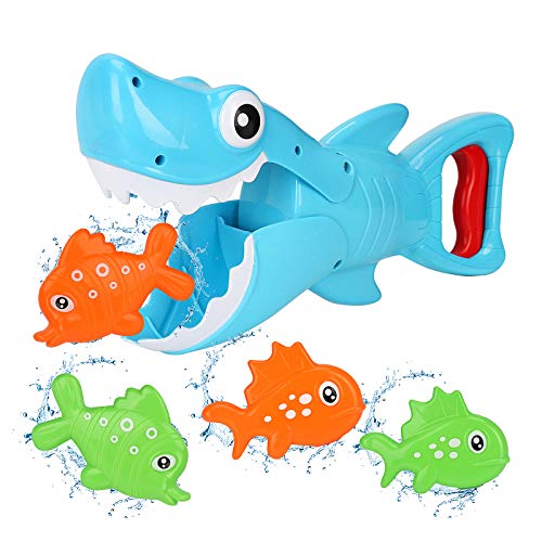 Bammax Juguetes Bañera, 5 pcs Peces Marinos Juguetes de Baño Bebe, Plastico Juego de Ducha Bebe, Juego de Pesca Piscina Niños, Incluye un Tiburón Blanco Capturador y 4 Peces Pequeños