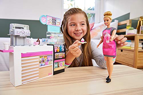 Barbie Cafetería Muñeca con accesorios y máquina para hacer café de juguete (Mattel GMW03)