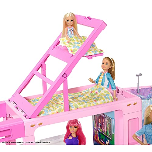 Barbie Caravana para acampar 3 en 1 de Barbie con piscina, camioneta, barca y 50 accesorios, regalo para niñas y niños 3-9 años (Mattel GHL93)