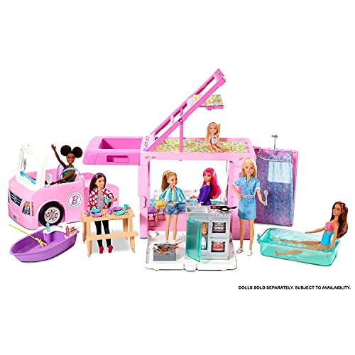 Barbie Caravana para acampar 3 en 1 de Barbie con piscina, camioneta, barca y 50 accesorios, regalo para niñas y niños 3-9 años (Mattel GHL93)