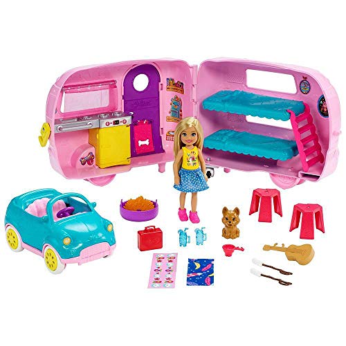 Barbie - Chelsea Muñeca y Su Caravana, con Perrito y Accesorios (Mattel FXG90)