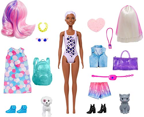 Barbie Color Reveal del Carnaval al Concierto, muñeca que revela sus colores con agua, incluye ropa y accesorios (Mattel GPD57)