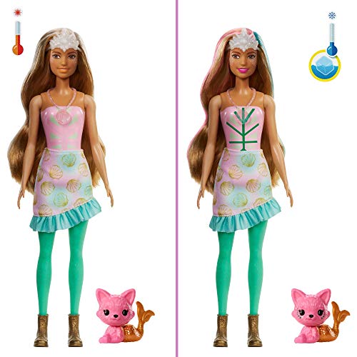 Barbie Color Reveal Sirena, muñeca sorpresa con accesorios de moda, pulsera de juguete y mascota sorpresa (Mattel GXV93)