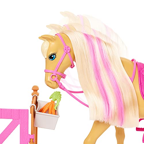 Barbie con Caballo y Poni Muñeca rubia con caballo y poni de juguete, accesorios de establo y para peinar, regalo para niñas y niños +3 años (Mattel HGB58)