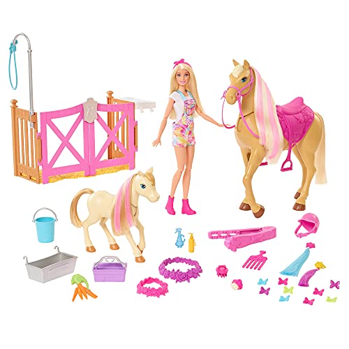 Barbie con Caballo y Poni Muñeca rubia con caballo y poni de juguete, accesorios de establo y para peinar, regalo para niñas y niños +3 años (Mattel HGB58)