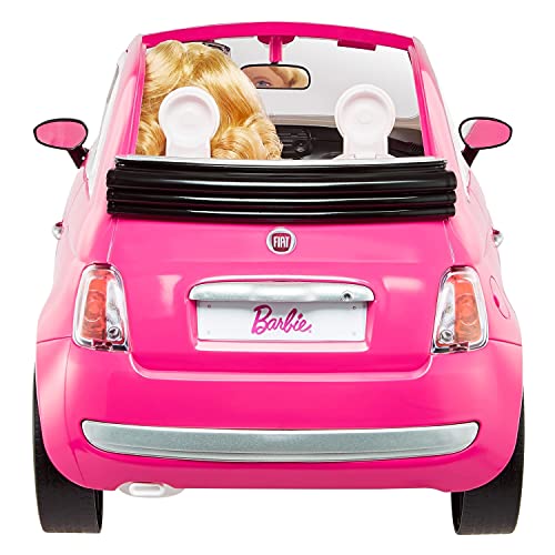 Barbie con su coche Fiat Muñeca rubia con vestido de moda y vehículo rosa de juguete, regalo para niñas y niños +3 años (Mattel GXR57)