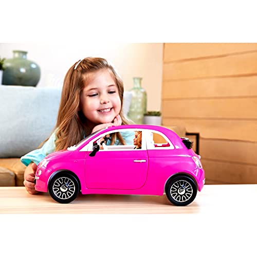 Barbie con su coche Fiat Muñeca rubia con vestido de moda y vehículo rosa de juguete, regalo para niñas y niños +3 años (Mattel GXR57)