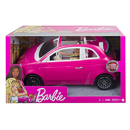 Barbie con su coche Fiat Muñeca rubia con vestido de moda y vehículo rosa de juguete, regalo para niñas y niños +3 años (Mattel GXR57)