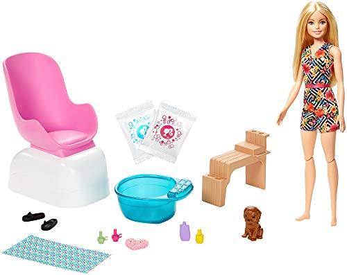 Barbie Conjunto de Juego SPA y salón de Belleza, muñeca Rubia, Perrito, Paquetes de Polvo y Efectos de Cambio de Color, Multicolor (Mattel GHN07)