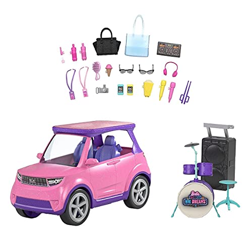 Barbie Dreamhouse Coche musical rosa con purpurina, vehículo de juguete para muñecas, regalo para niñas y niños +3 años (Mattel GYJ25)