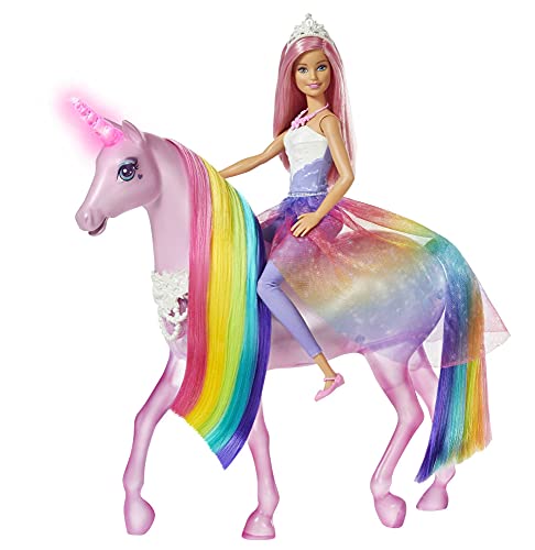 Barbie - Dreamptopia Muñeca con pelo rosa y su unicornio luces mágicas (Mattel GWM78),Embalaje sostenible