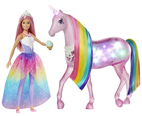 Barbie - Dreamptopia Muñeca con pelo rosa y su unicornio luces mágicas (Mattel GWM78),Embalaje sostenible