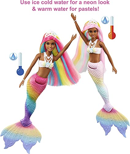 Barbie Dreamtopia Muñeca sirena afroamericana arcoiris mágico, cambia de color en el agua, regalo para niñas y niños +3 años (Mattel GTF90)