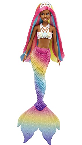 Barbie Dreamtopia Muñeca sirena afroamericana arcoiris mágico, cambia de color en el agua, regalo para niñas y niños +3 años (Mattel GTF90)