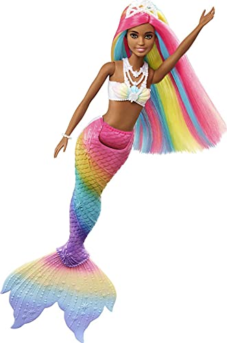 Barbie Dreamtopia Muñeca sirena afroamericana arcoiris mágico, cambia de color en el agua, regalo para niñas y niños +3 años (Mattel GTF90)