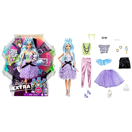 Barbie Extra Deluxe Muñeca articulada con pelo azul y 30 looks con ropa para muñecas, accesorios de juguete y mascota (Mattel GYJ69)