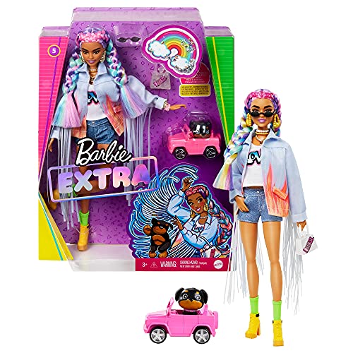 Barbie Extra Muñeca articulada con trenzas de colores, accesorios de moda y mascota (Mattel GRN29)