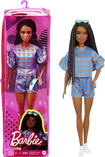 Barbie Fashionista Muñeca afroamericana con trenzas, conjunto de corazones y accesorios de moda de juguete (Mattel GRB63)