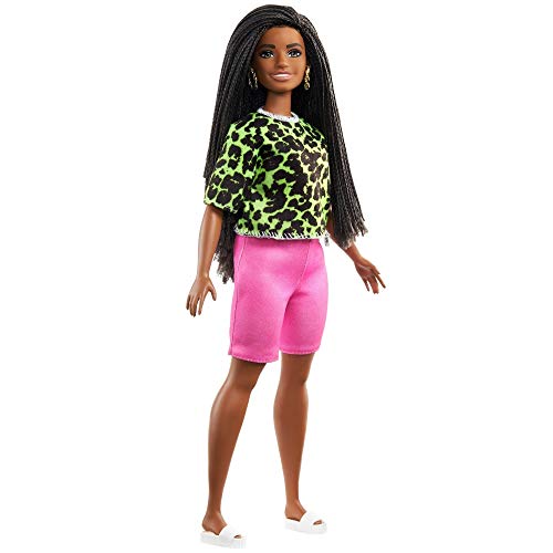 Barbie Fashionista Muñeca afroamericana curvy con camiseta de neón de leopardo, pantalones rosas y accesorios de moda de juguete (Mattel GYB00)