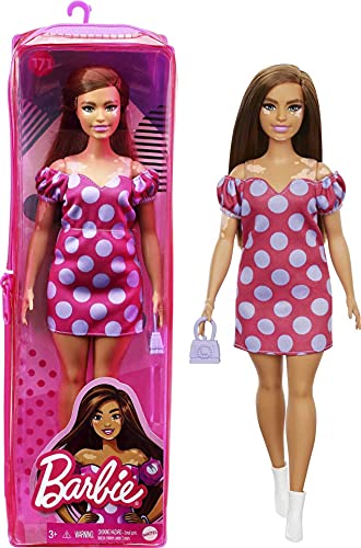 Barbie Fashionista Muñeca curvy vitiligo con vestido de lunares y accesorios de moda de juguete (Mattel GRB62)