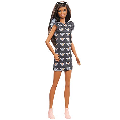 Barbie Fashionista Muñeca morena con vestido estampado de ratones y accesorios de moda de juguete (Mattel GYB01)