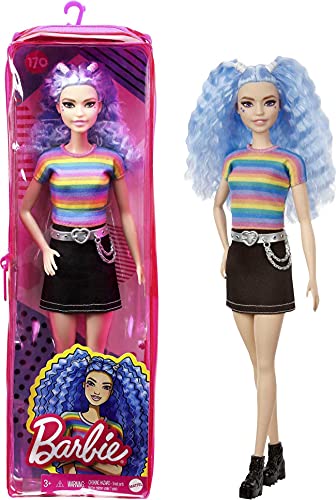 Barbie Fashionista Muñeca pelo violeta con top arcoiris, falda vaquera y accesorios de moda de juguete (Mattel GRB61)