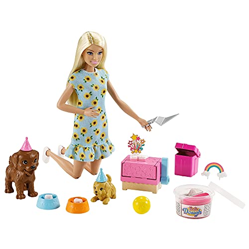 Barbie Fiesta de perritos de cumpleaños Muñeca rubia con mascotas de juguete y juego de plastilina (Mattel GXV75)