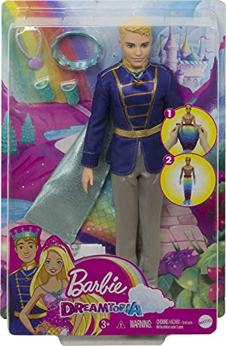 Barbie Ken Dreamtopia Muñeco príncipe tritón, con accesorios y capa transformable en cola de tritón (Mattel GTF93)