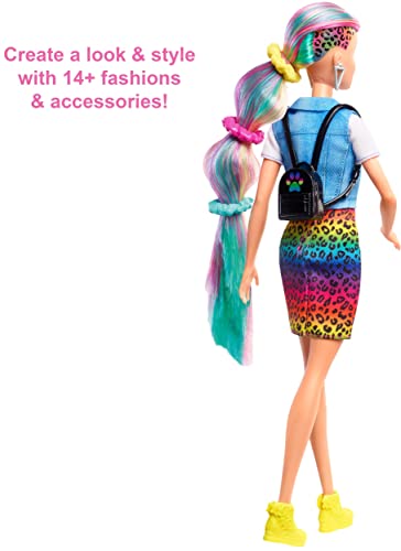 Barbie Pelo Arcoiris Muñeca rubia con falda de guepardo y accesorios de moda y para el pelo de juguete (Mattel GRN81)