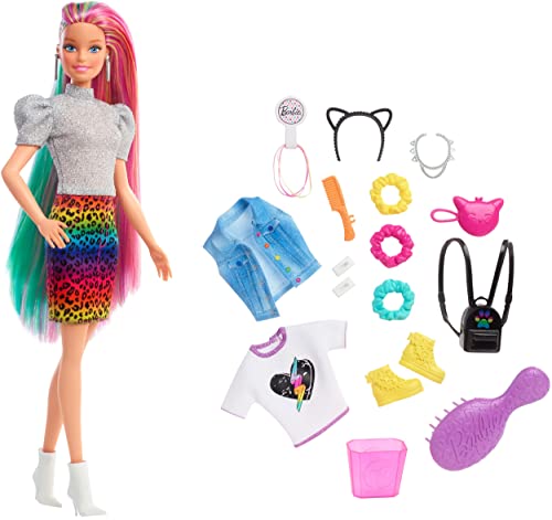 Barbie Pelo Arcoiris Muñeca rubia con falda de guepardo y accesorios de moda y para el pelo de juguete (Mattel GRN81)