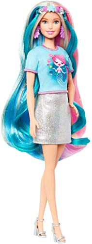 Barbie Pelo Fantasía Muñeca para peinar con accesorios de moda y diademas con mechas de unicornio y sirena (Mattel GHN4)