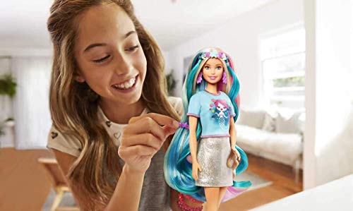 Barbie Pelo Fantasía Muñeca para peinar con accesorios de moda y diademas con mechas de unicornio y sirena (Mattel GHN4)