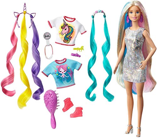 Barbie Pelo Fantasía Muñeca para peinar con accesorios de moda y diademas con mechas de unicornio y sirena (Mattel GHN4)