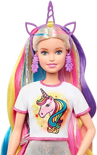 Barbie Pelo Fantasía Muñeca para peinar con accesorios de moda y diademas con mechas de unicornio y sirena (Mattel GHN4)