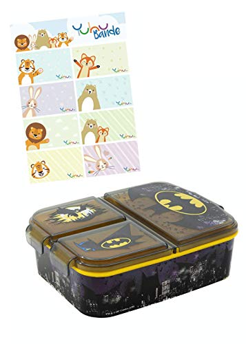 Batman caja de almuerzo fiambrera caja de comida para niños con 3 compartimentos separados + y pegatinas de nombre para niños