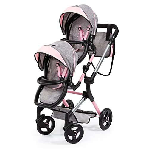 Bayer Design 26233AA Cochecito de muñeca gemelas, Carrito Paseo para muñecos, Ajustable en Altura, Plegable, con Bolsa de Bandolera, Compatible con Silla de Coche EasyGo, Gris, Rosa, Mariposa