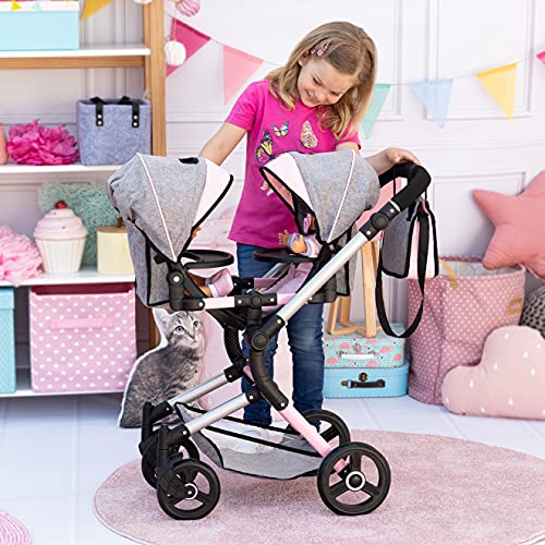 Bayer Design 26233AA Cochecito de muñeca gemelas, Carrito Paseo para muñecos, Ajustable en Altura, Plegable, con Bolsa de Bandolera, Compatible con Silla de Coche EasyGo, Gris, Rosa, Mariposa