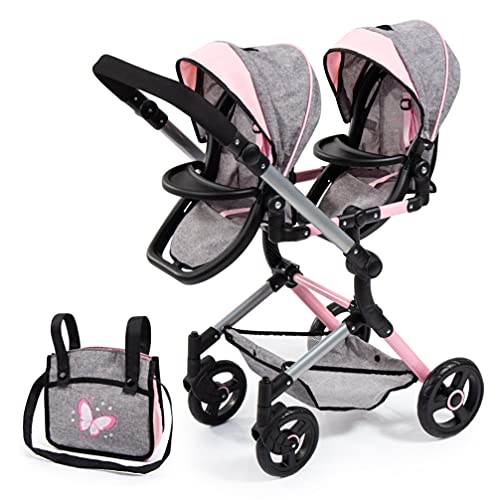 Bayer Design 26233AA Cochecito de muñeca gemelas, Carrito Paseo para muñecos, Ajustable en Altura, Plegable, con Bolsa de Bandolera, Compatible con Silla de Coche EasyGo, Gris, Rosa, Mariposa