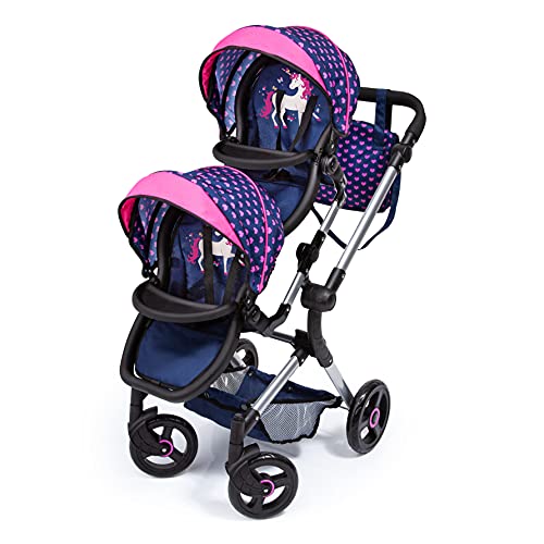 Bayer Design 26254AA Cochecito de Muñeca Gemelas, Carrito Paseo para muñecos, Ajustable en Altura, Plegable, con la Bolsa de Bandoler, Azul con Unicornio y Corazones