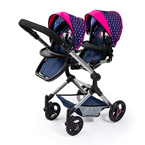 Bayer Design 26254AA Cochecito de Muñeca Gemelas, Carrito Paseo para muñecos, Ajustable en Altura, Plegable, con la Bolsa de Bandoler, Azul con Unicornio y Corazones